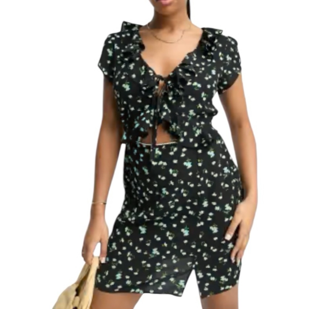 ASOS Design Lace Ruffle Bodice Mini Tea Dress Black Ditsy Floral Womens 10 NWT